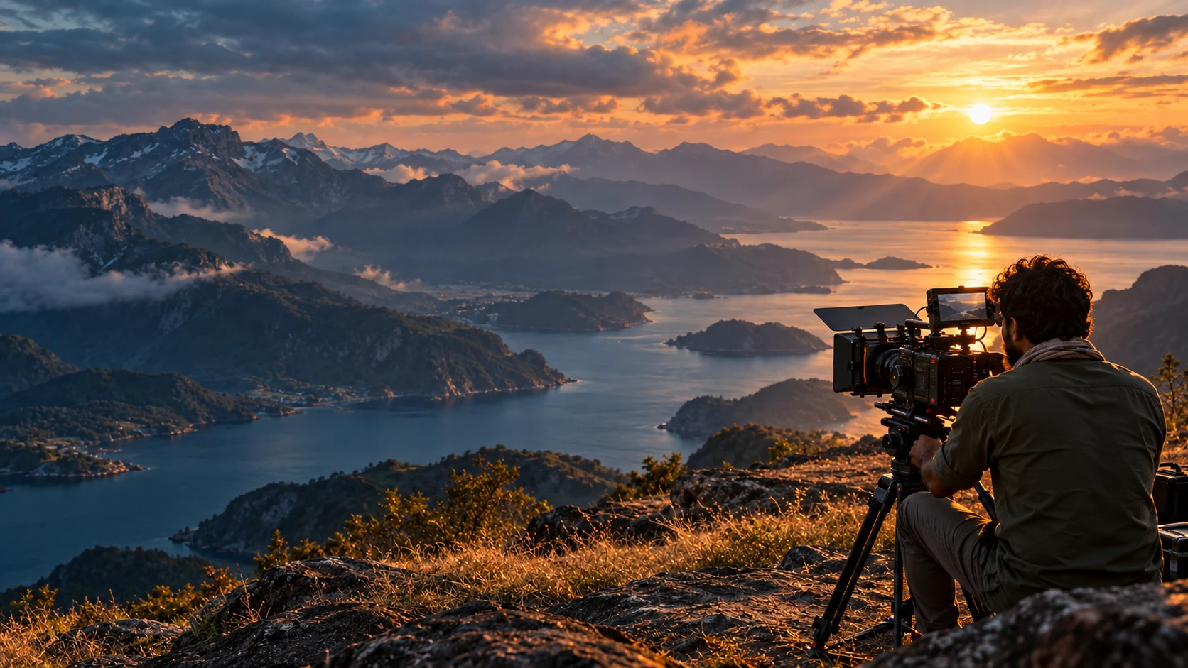 Filmmaker overlooking layered mountains and a lake under a dramatic sunset sky
