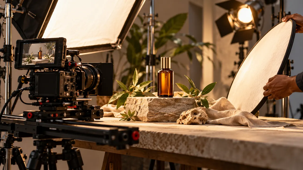 Illustrative product advertising shoot with cinema camera and studio lighting