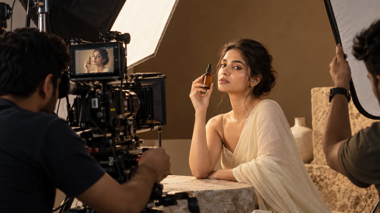 Indian model holding a skincare bottle during a professional product shoot with camera crew and studio lighting
